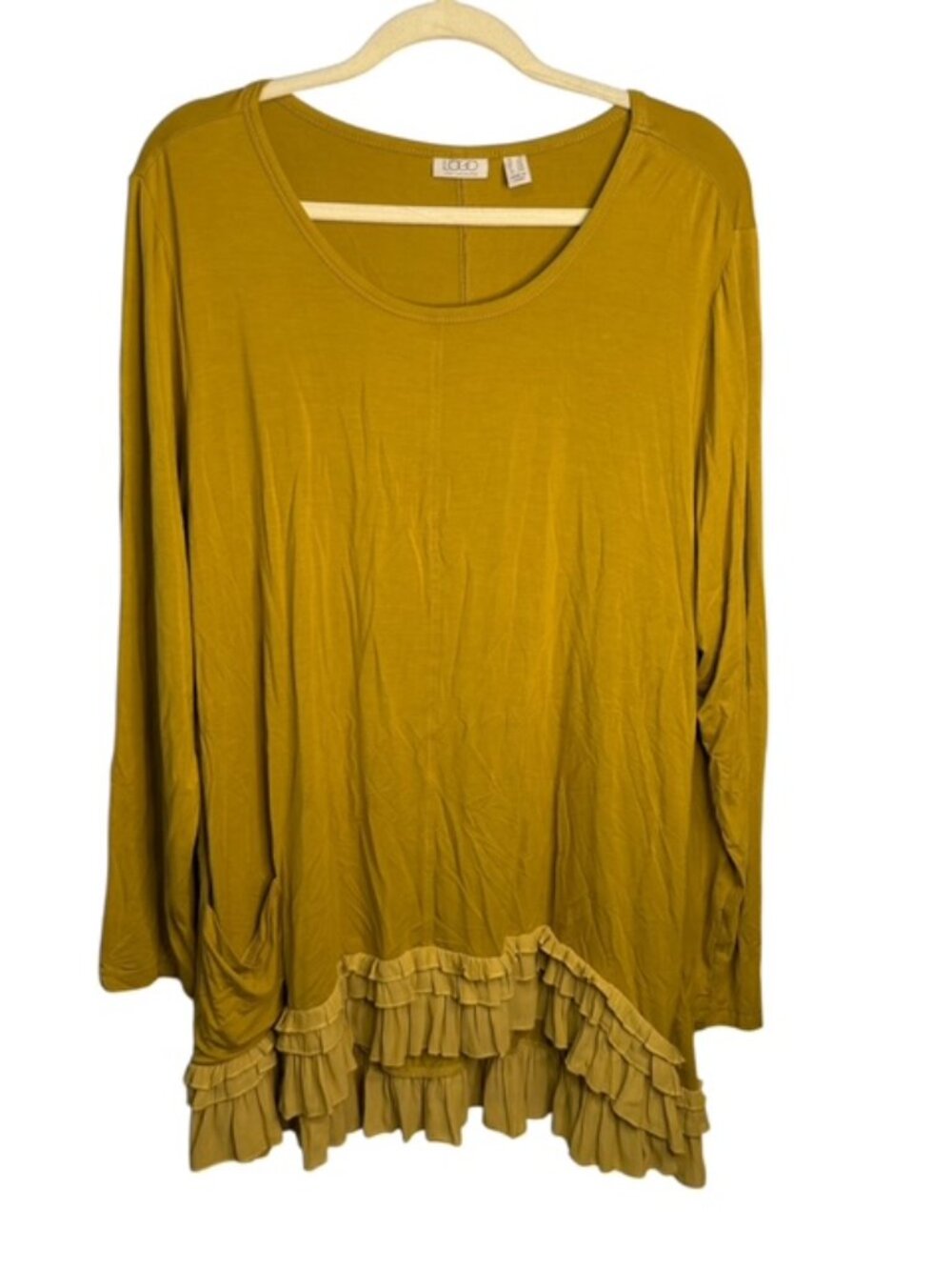 Logo Lori Goldstein Blouse Women's 2X Tunic Ruffled Tiered Hem Mustard Yellow